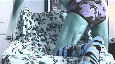 Stop Action Groin Stretching Up Close on Chair with Pattern in Camo Briefs and Socks