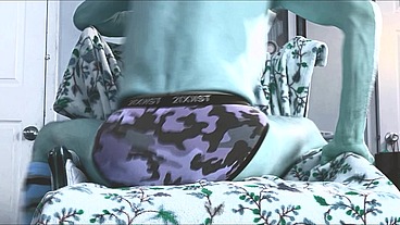 Stop Action Groin Stretching Up Close on Chair with Pattern in Camo Briefs and Socks