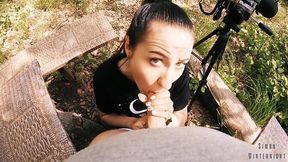 Black Lynn sucks and swallows cock in outdoor POV filming
