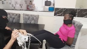 Angela Is in bondage, Sock Gagged Foot Worshipped, taped and Tickled by John