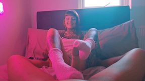 Pink Fluffy Sockjob Ends with Cum on Socks