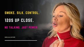 Red Roll-Neck Smoking ASMR | Close-Up 120s Calm Exhales - Miss Lulu Leather - 4K