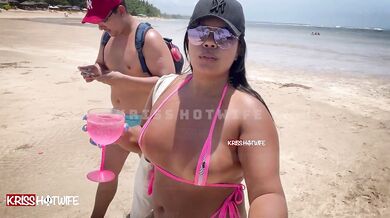 Brazilian hotwife bounces in a micro bikini live on the beach