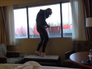 quick wetsuited cum on window for construction workers