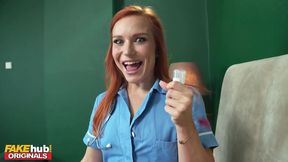 Hot redhead nurse with perfect little pink shaved pussy has to collect a sperm sample