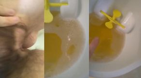 Piss slut princess trains boy to aim at urinal while foamy yellow pee gushes down her thighs
