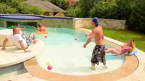 Hot top-heavy blonde grabs gangbanged by multiple cocks at the pool