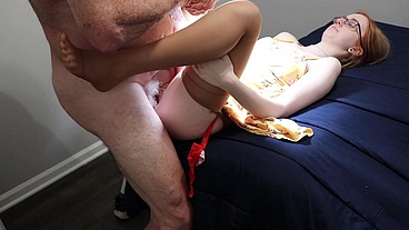 (DSC12-2) Old man fucks young petite cutey Reagan Reid doggystyle & leaves creampie