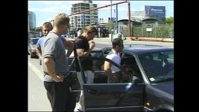 Amateur Redhead Slut Sucks and Fucks Three Big Amateur Cocks in Public