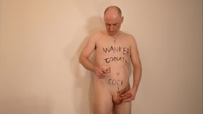 Jonathan writes cock, wanker and name on his shaved body and masturbates his uncut erect dick as he paints on himself