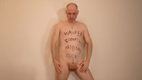 Jonathan writes cock, wanker and name on his shaved body and masturbates his uncut erect dick as he paints on himself
