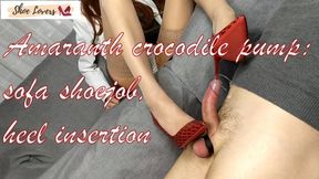 Amaranth crocodile pumps shoejob heel insertion on the sofa 1080