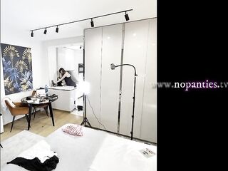 Sexy hot lengthy legs brunette hair wife in ebony and red fishnet nylons with a satin nightie teases in the kitchen