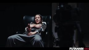 Slutty blonde gets facefucked by a dominant trans brunette with a massive futa cock