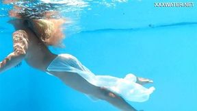 A woman floats in a butterfly adorned mesh dress