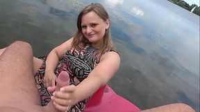 Thick blonde gets fucked on a pedalboat in the lake pov