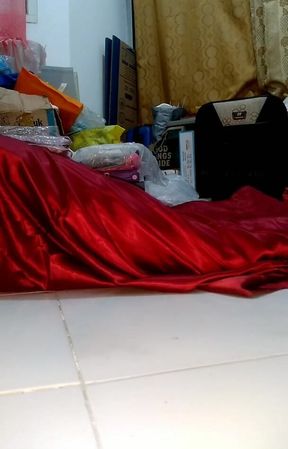 Pulsating Cum Into Red Satin Long Gown