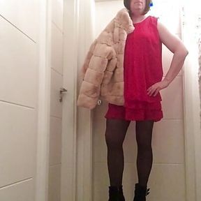 Nicki-Crossdress sexy red  Chiffon-Dress, Pantyhose and Boots