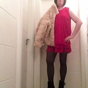 Nicki-Crossdress sexy red  Chiffon-Dress, Pantyhose and Boots