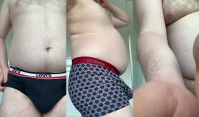Chubby bear uncut shoots cum in new underwear