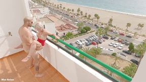 Sex on the balcony - public blowjob and cum on tits - Mya Quinn