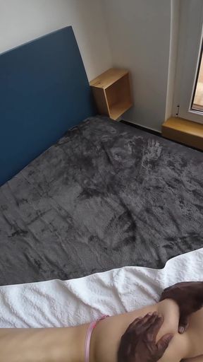 Candie Luciani POV Nude Massage in Pink Underwear Black Bed