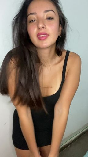 Smiling woman in black leotard