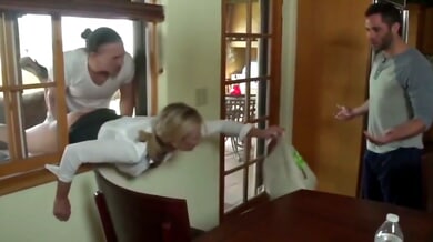 Naughty stepmom gets trapped in the window during a wild threesome with two strangers