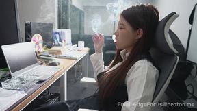 Asian Office Woman Smoking Break in Desk Chair with Deep Inhales — TIAN1 4K