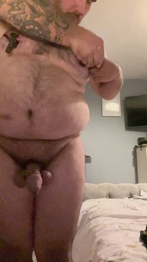 Cock and Ball Bondage Under Swimsuit with Nipple Clamps