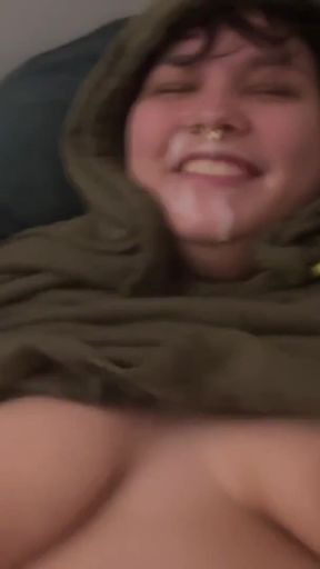 Surprise Facial Cumshot Real Amateur Couple Homemade after lazy funny blowjob on bed   Clip 2