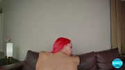 Grooby VR Tattooed Pink-Haired Trans Woman Gives Blowjob on Leather Couch