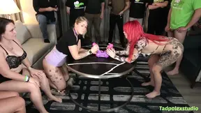 Busty babes compete in wild orgies to swallow huge cumshots