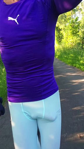 Skinny boy is Jogging in tight Leggings in public. Risky full naked, Only wearing my cockring.