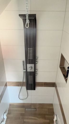 Slave tied in shower with very hot water