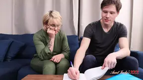 Curvy blonde stepmom helps stepson with homework