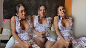 Floral Dress Ladyboy Squeezes Her Tits &amp; Cums on Her Fingers