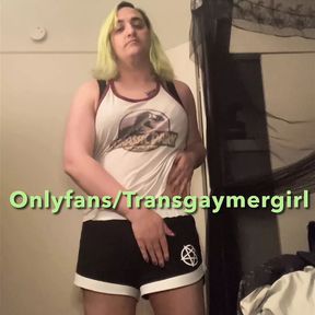 Transgirl teasing in lounge clothes - check out my Only Fans for the full video!