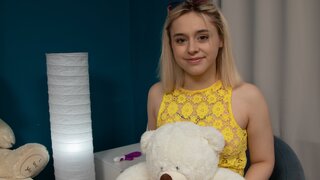 Blonde PAWG with small tits strips down to cum with a vibrator