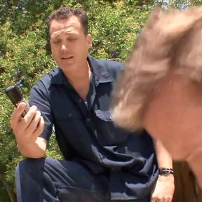 Cuckold looks at his cock slammed