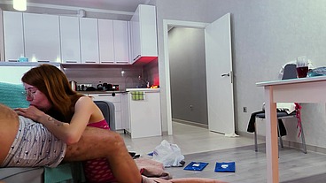 Redheads beauty measuring her new purchases in front of her stepfather, part 1