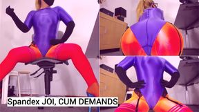 Episode 462. Spandex leotard JOI, cum demands, cum encouragement over ass in spandex land nylon layers, violet Leohex spandex leotard, wank sign again