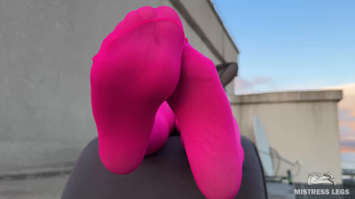Pink Nylon Tease on the Rooftop at Sunset - Feet and Big Ass