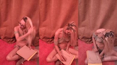 Blonde artist sketches in green lingerie while fingering herself POV