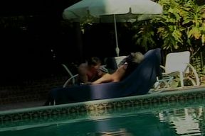 Perfect blonde slut rides dick by the pool