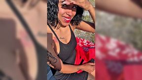 Naughty curly Latina jerks off my cock and all her clothes now covered with my cum
