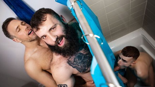 Ryan sucks Markus’s cock in the bathroom when his dad comes in