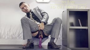 Bussinesman in suit and tie has sex on the office desk and male anal orgasm. Men is squirting like a girl