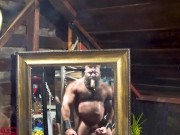 HUGE DICK MUSCLE SMOKING CIGAR AND STROKING HIS FAT HOG IN MIRRORS