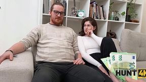 Hunt4K - horny brunette Hot Pearl and her hubby recieve some cash for a quick fuck with a girl